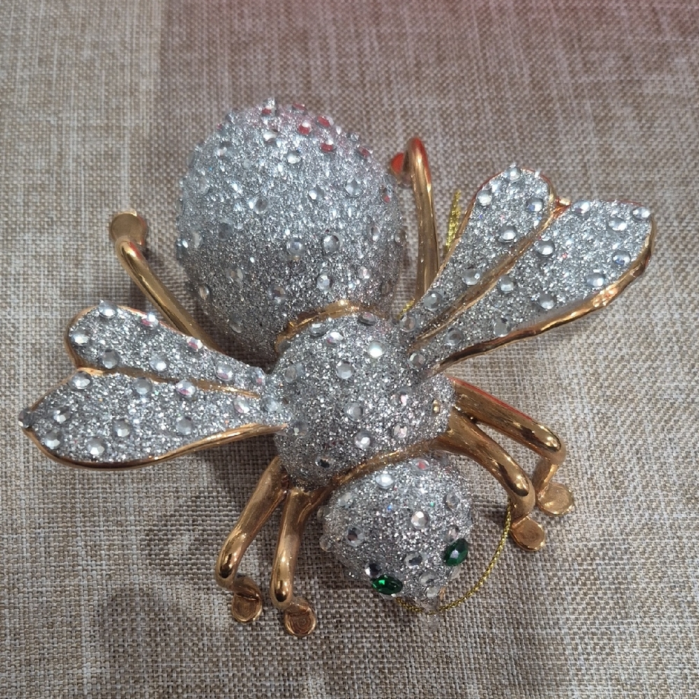 Joan Rivers Xmas Tree Blown Glass BEE ORNAMENT 4" Silver Glitter Rhinestones